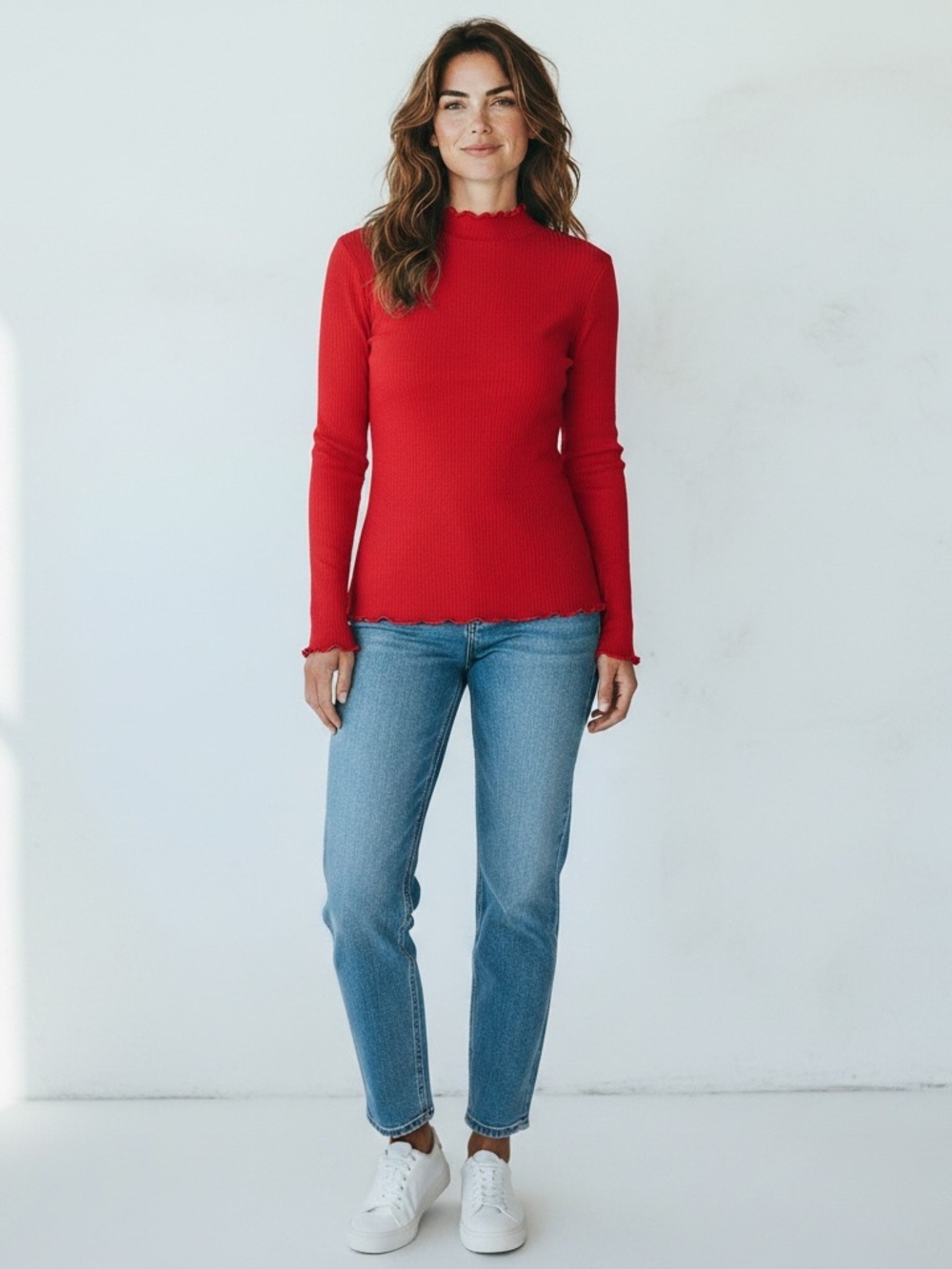 Women's Red Ribbed Mock Neck Lettuce Trim Long-Sleeve Top